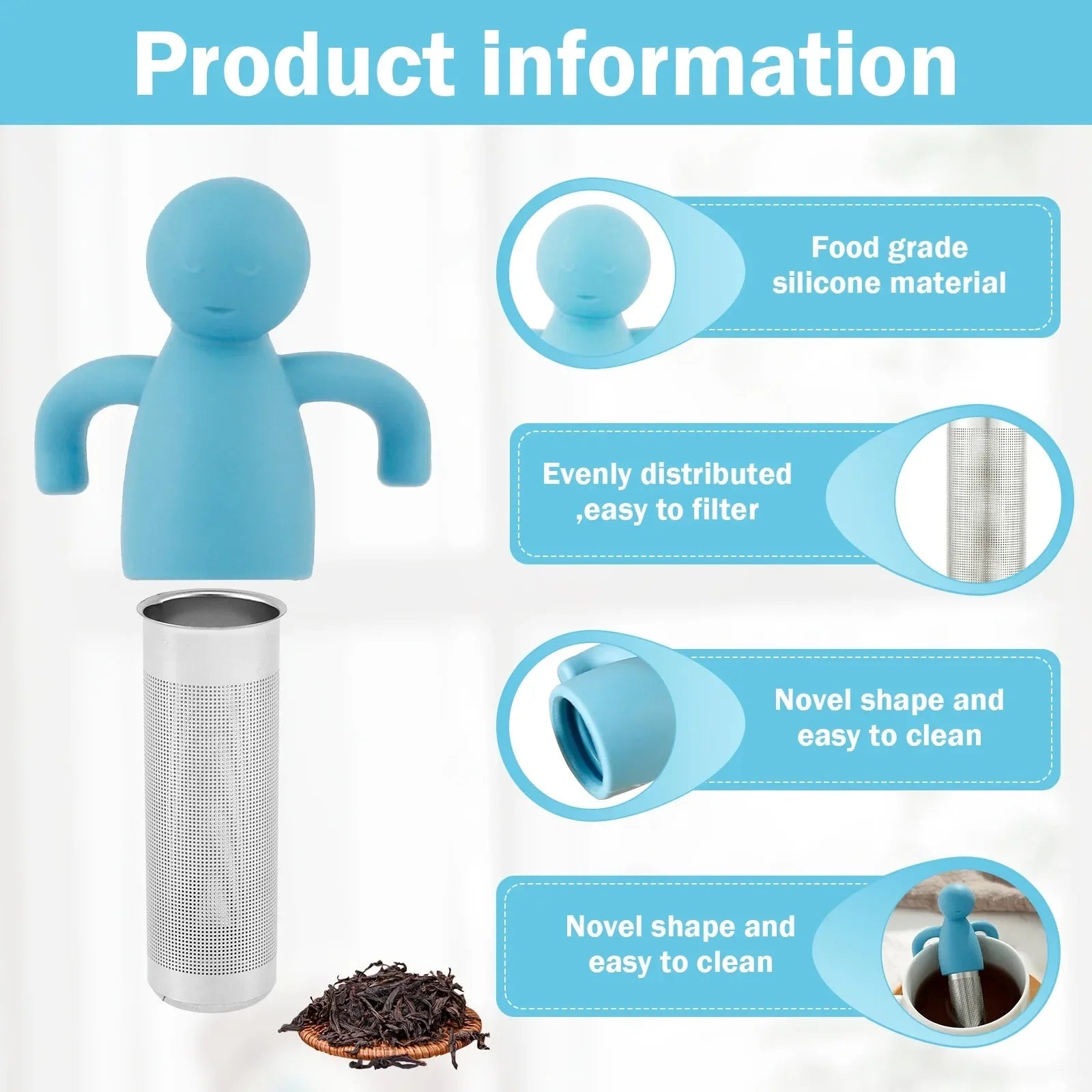 Stainless Steel Tea Sieve New Human Shaped Tea Sieve Kitchen Accessory Filter Accessories Supplies Humidifier Pet Products Bar Peaceful Pleasures Health and Wellness