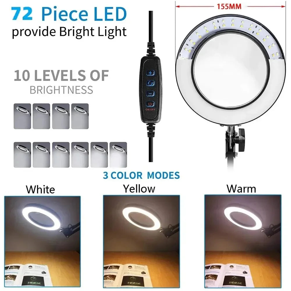 72LED 8X/10X NEW Illuminated Magnifier USB 3 Colors LED Magnifying Glass For Skincare Beauty/Table Lamp/Soldering Iron Repair Peaceful Pleasures Health and Wellness