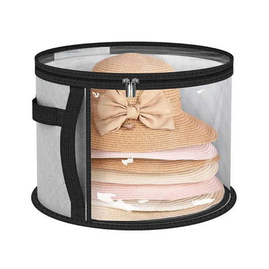 Hat Storage Bucket, Clothing Hat Travel Organizer, Foldable Round Brim Hat Storage Bag with Handle and Clear Window Peaceful Pleasures Health and Wellness Light Grey