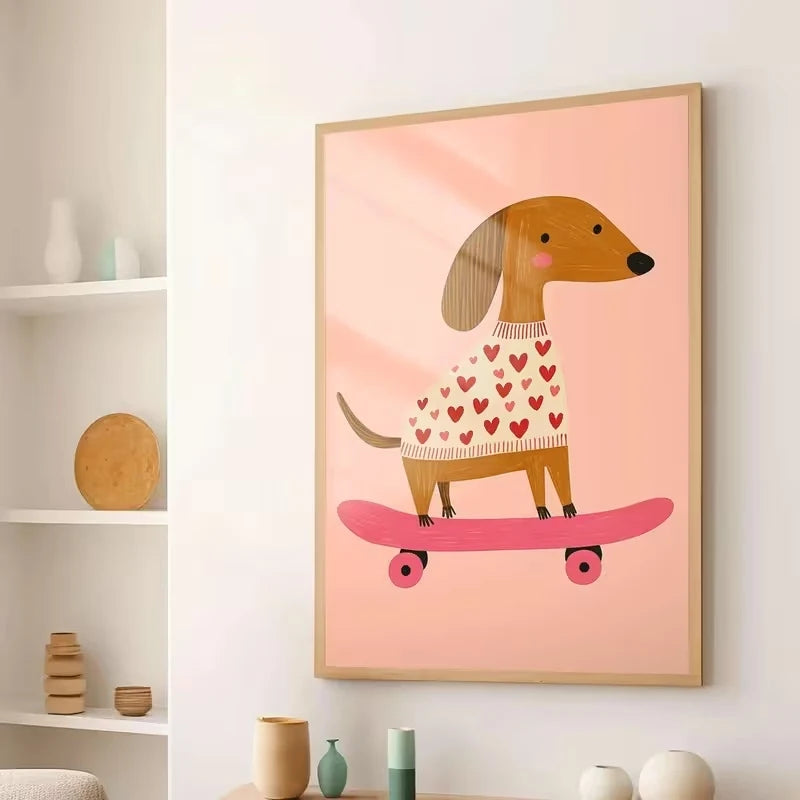 Pink Dog on Skateboard Canvas Wall Art Print | Home Decor