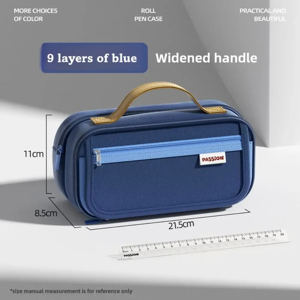 Retro 9 Layers Pencil Case Portable Large Capacity Pen Bag Wear-resistant Dirt-proof Pencil Pouch Student Peaceful Pleasures Health and Wellness