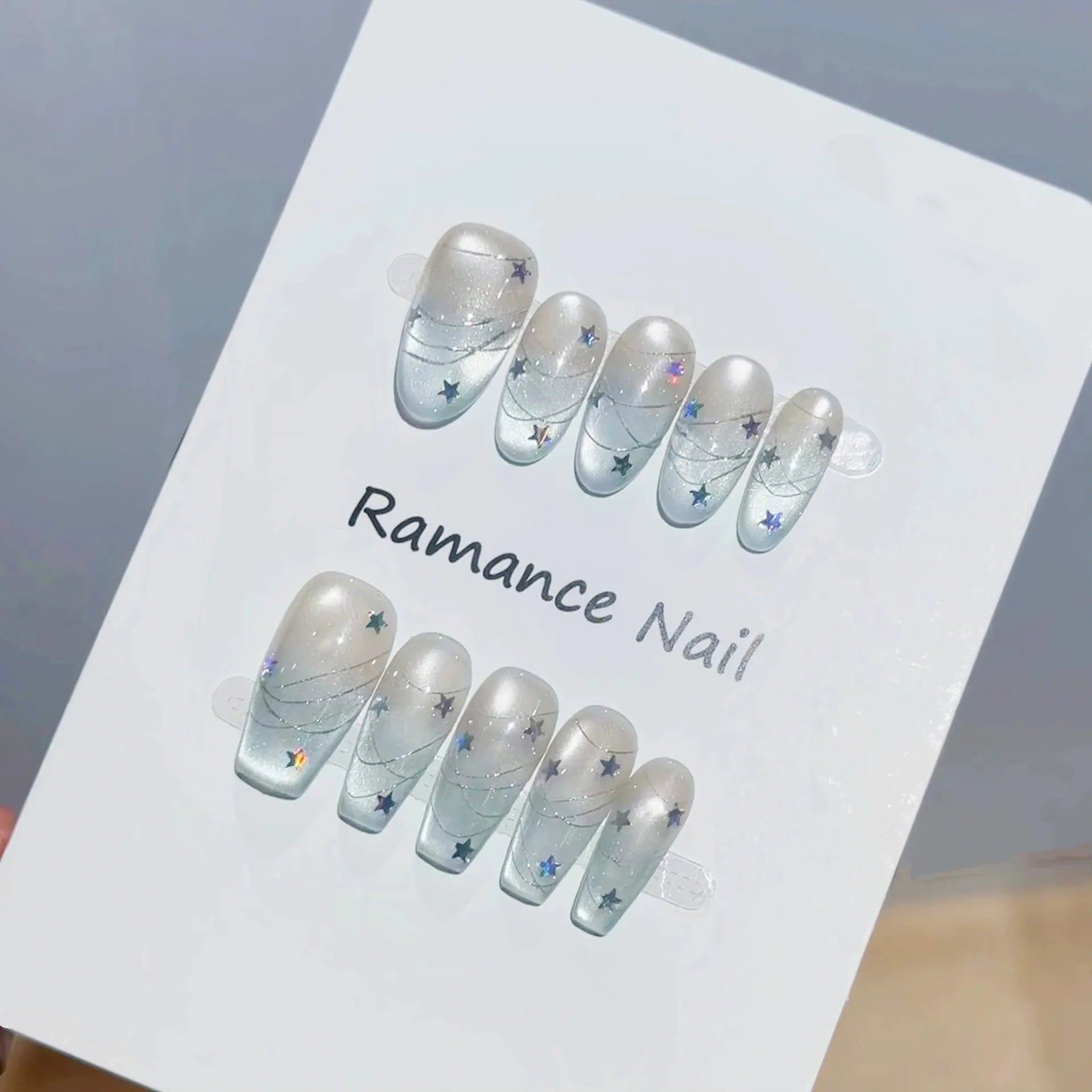 10pcs Handmade Almond Tip Press on Nails Temperament Laser Star Design Fake Nails Detachable Blue Gradient Cat's Eye False Nails Peaceful Pleasures Health and Wellness