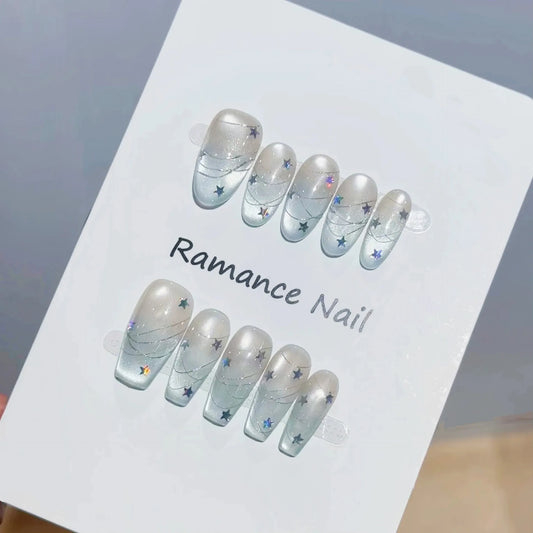 10pcs Handmade Almond Tip Press on Nails Temperament Laser Star Design Fake Nails Detachable Blue Gradient Cat's Eye False Nails Peaceful Pleasures Health and Wellness