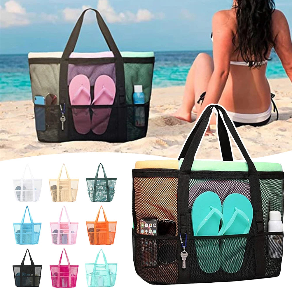 Mesh Beach Bags Beach Tote Bag With Multi Pockets Large Capacity Travel Tote Handbag Swim Pool Bag Multifunctional Storage Bag Peaceful Pleasures Health and Wellness