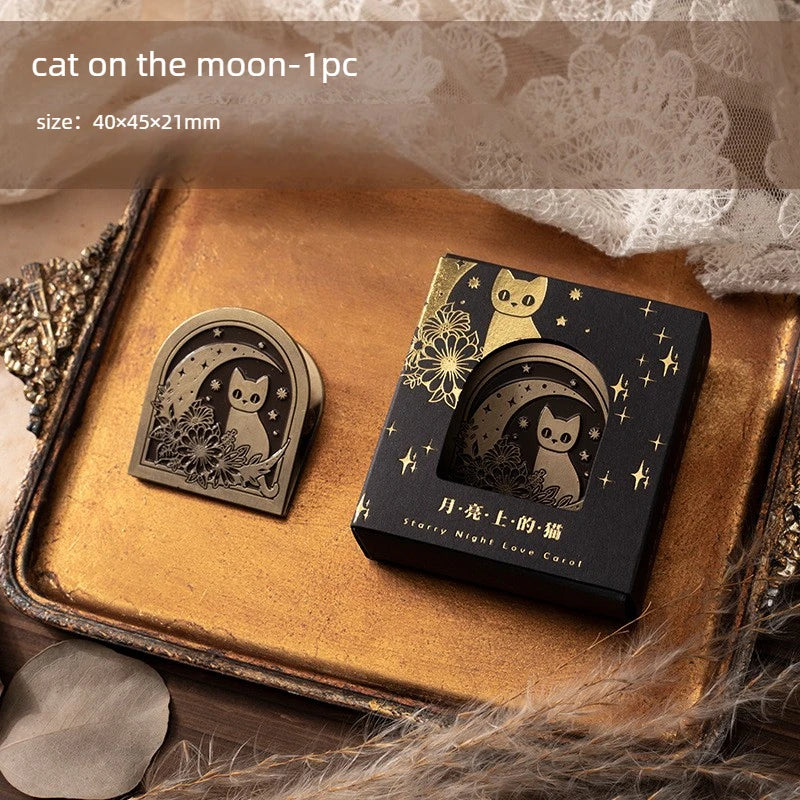 1pc Metal Clip Retro Elegant Hand Account Material Decoration Clip Starry Night Love Song Series Office Document Supplies Peaceful Pleasures Health and Wellness Moon Cat