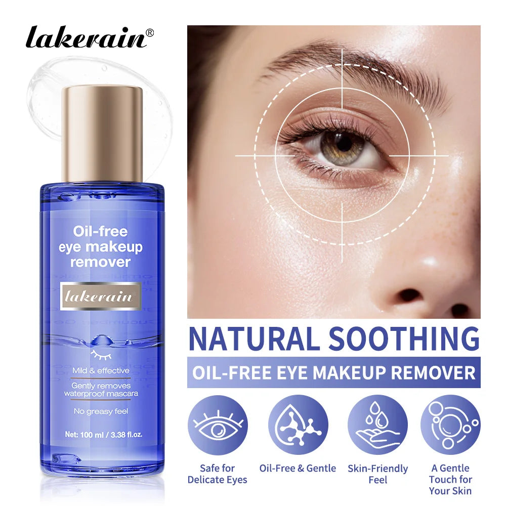 Lakerain Eye Makeup Remover 100ml Oil-Free Soothing Ingredients Gently Dissolves Eye Makeup No Stinging Safe for Sensitive Eyes Peaceful Pleasures Health and Wellness