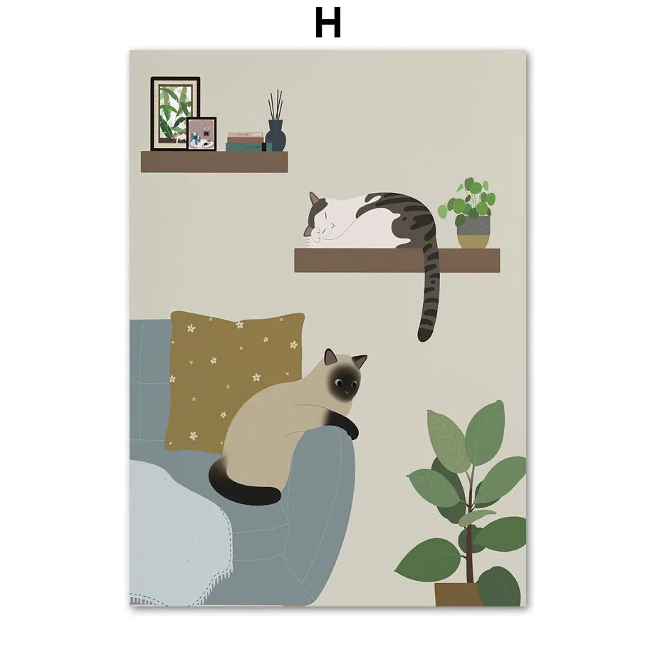 Boho Cat Canvas Wall Art | Cute Kitten Plant Neutral Print
