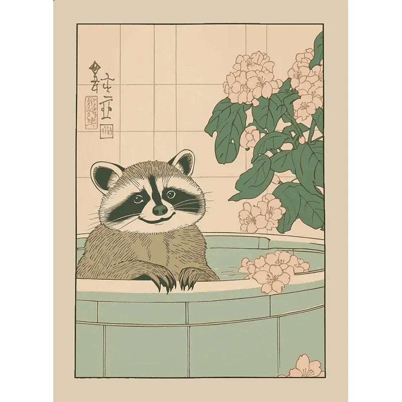 Japanese Cute Animals Bathtub Canvas Wall Art | Bathroom Decor