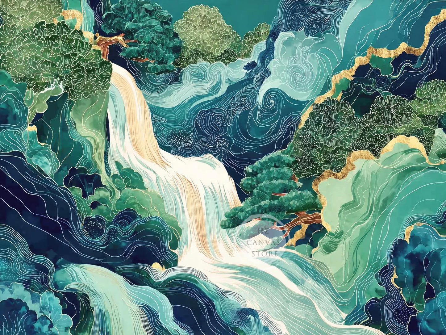 Hokusai Waterfall Oil Painting Print Japanese Ukiyo-e Blue Green Wall Art Modern Canvas Poster Living Room Bedroom Home Decor Peaceful Pleasures Health and Wellness gh3-5 40x60cm