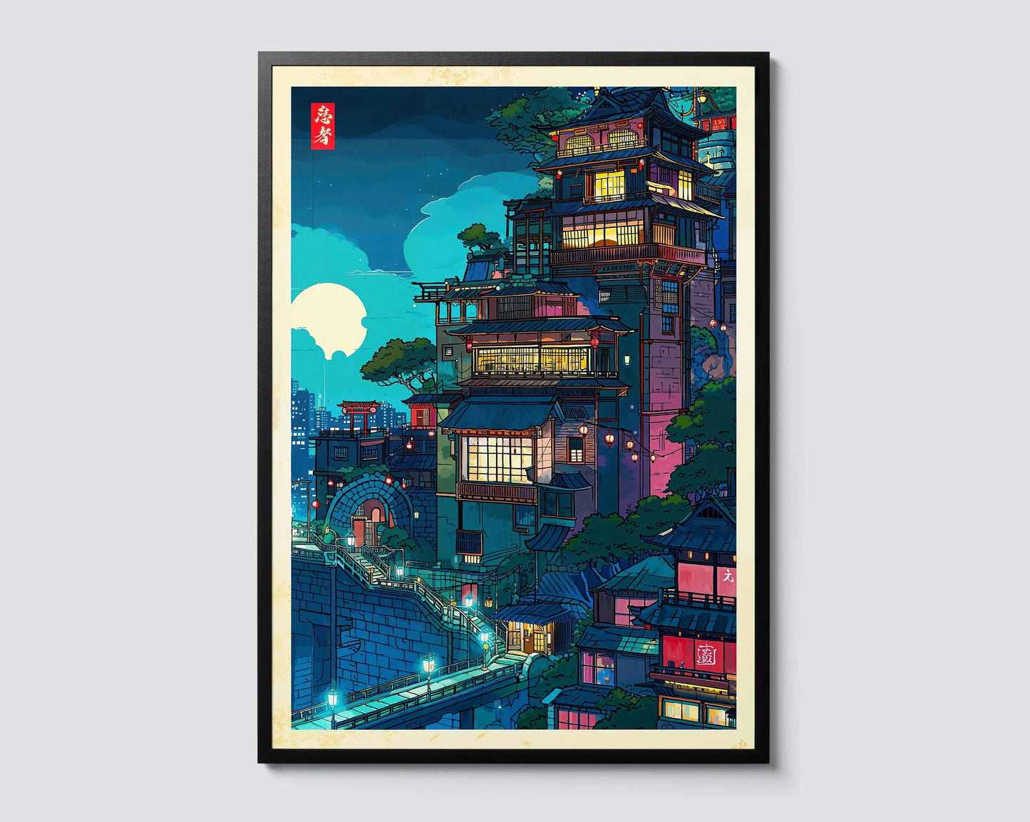 Anime Ramen Shop Gourmet Illustration Canvas Print City Street Scene Wall Poster for Modern Living Room Kitchen Home Decor Gifts Peaceful Pleasures Health and Wellness CT1188-2- 20x30cm Unframed