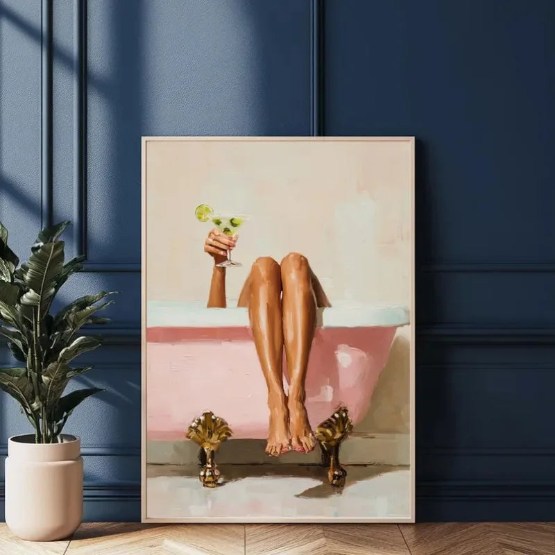 Retro Martini Girl Bathtub Canvas Wall Art | Glam Bathroom Decor