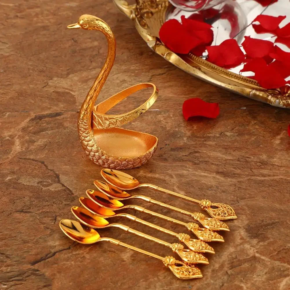 Stainless Steel Creative Dinnerware Set Decorative Swan Base Holder With 6 Spoons For Coffee Tea Cake Dessert Kitchen Supplies Peaceful Pleasures Health and Wellness
