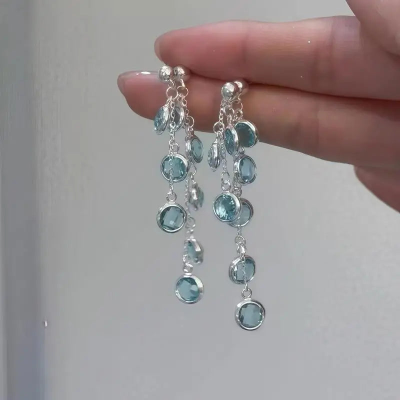 Fresh Light Blue Purple Sparkling Diamond Tassel Earrings Luxurious and Niche Delicate White Earrings Korean Style Cool Earrings Peaceful Pleasures Health and Wellness