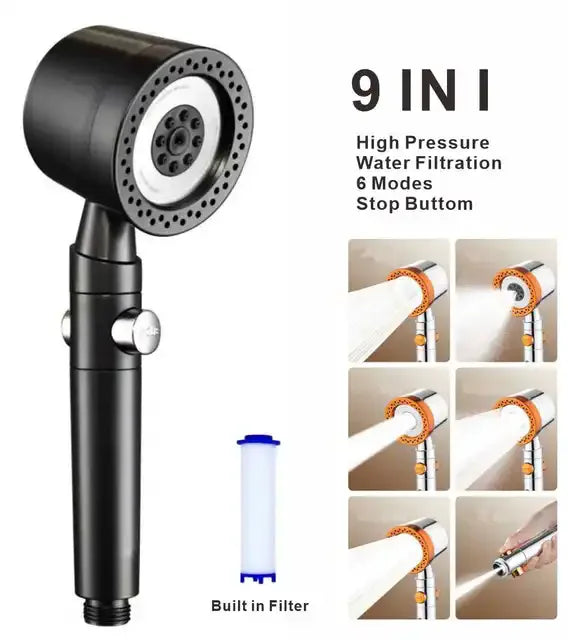 5-Mode High-Pressure Handheld Shower Head with Filter & Stop Button