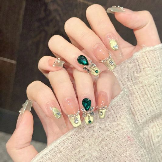 Handmade Press On Nails Glitter Green Rhinestone Gradient Press-On Nail Set Peaceful Pleasures Health and Wellness