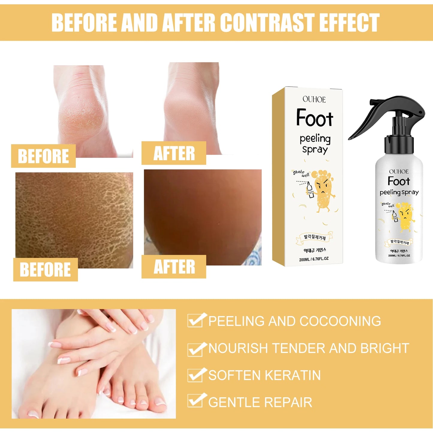 Ouhoe Foot Exfoliating Spray 72H Moisture Lock Callus Softener Anti Dry Crack Repair Odor Control Brightening Foot Care Liquid Peaceful Pleasures Health and Wellness