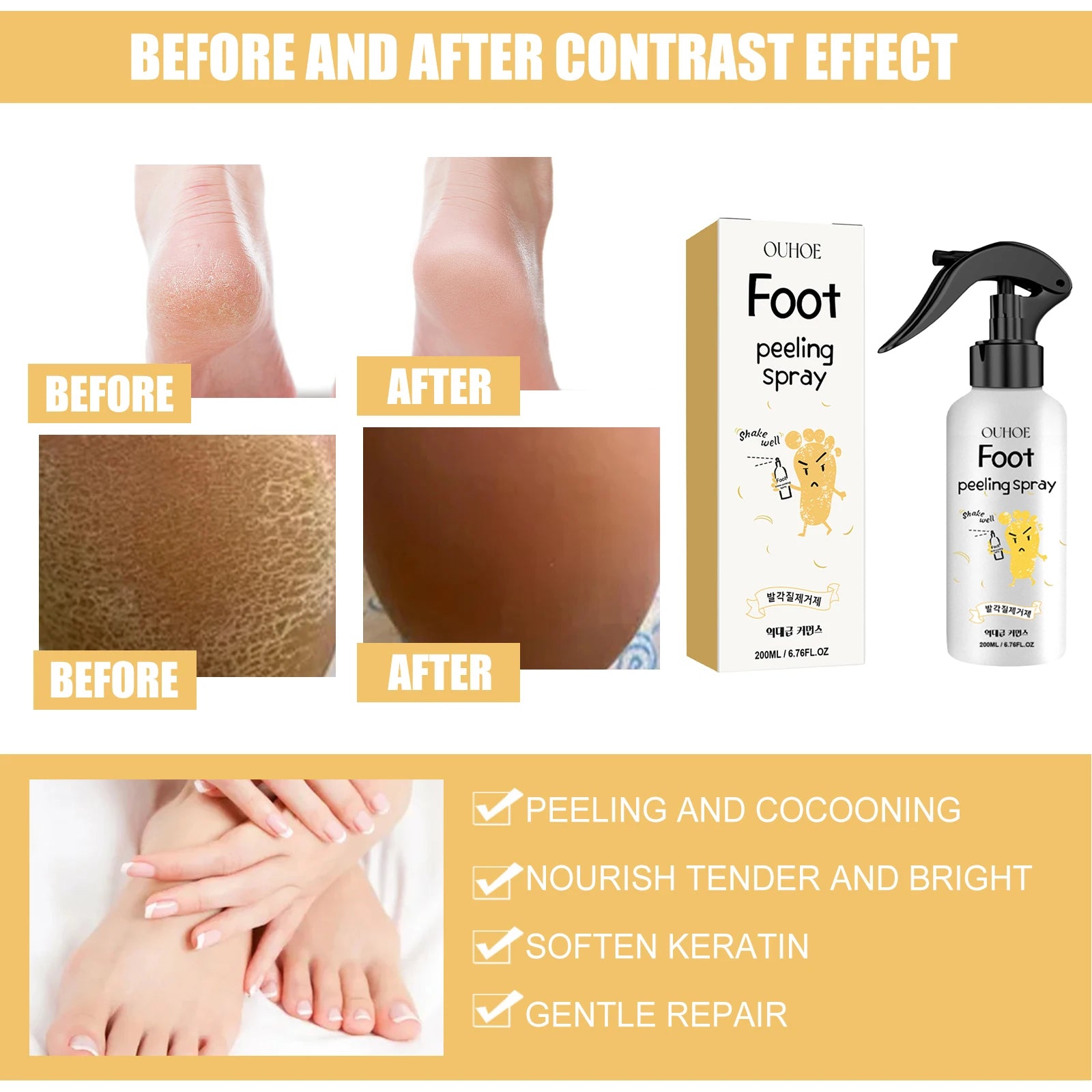 Ouhoe Foot Exfoliating Spray 72H Moisture Lock Callus Softener Anti Dry Crack Repair Odor Control Brightening Foot Care Liquid Peaceful Pleasures Health and Wellness