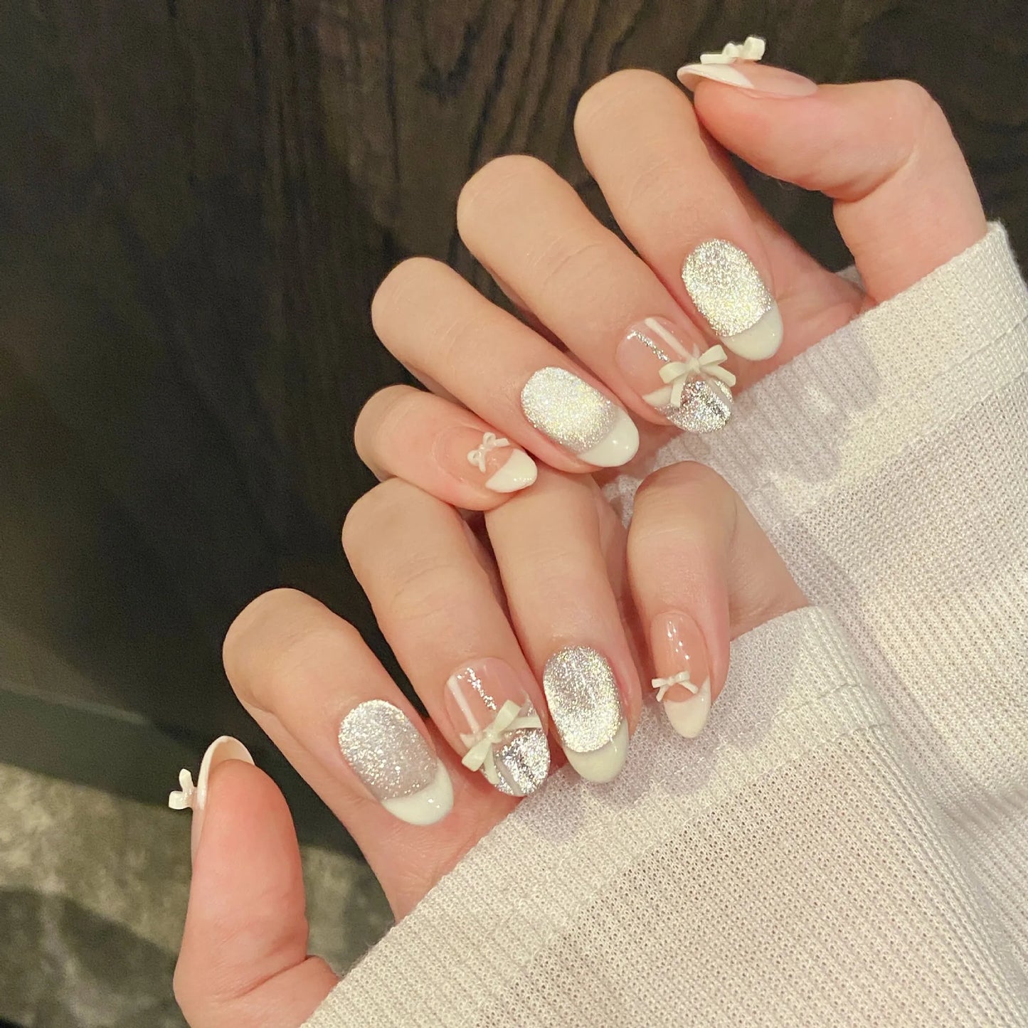 French Press-On Nails Cream White Bow Cat Eye – 10pcs Set