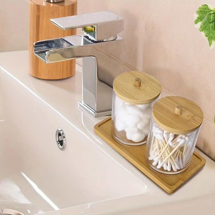 Acrylic Cotton Swab Holder Canister with Tray – 2-Pack 10oz Apothecary Jar Bathroom Organizer