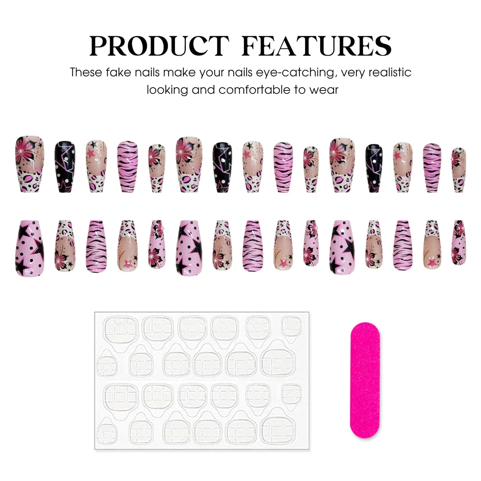 24pcs Women's False Nails Y2k Five-pointed Star 3D Pearl Decorated Fake Nails For Spicy Girl Leopard Print Flower Manicure Art Peaceful Pleasures Health and Wellness