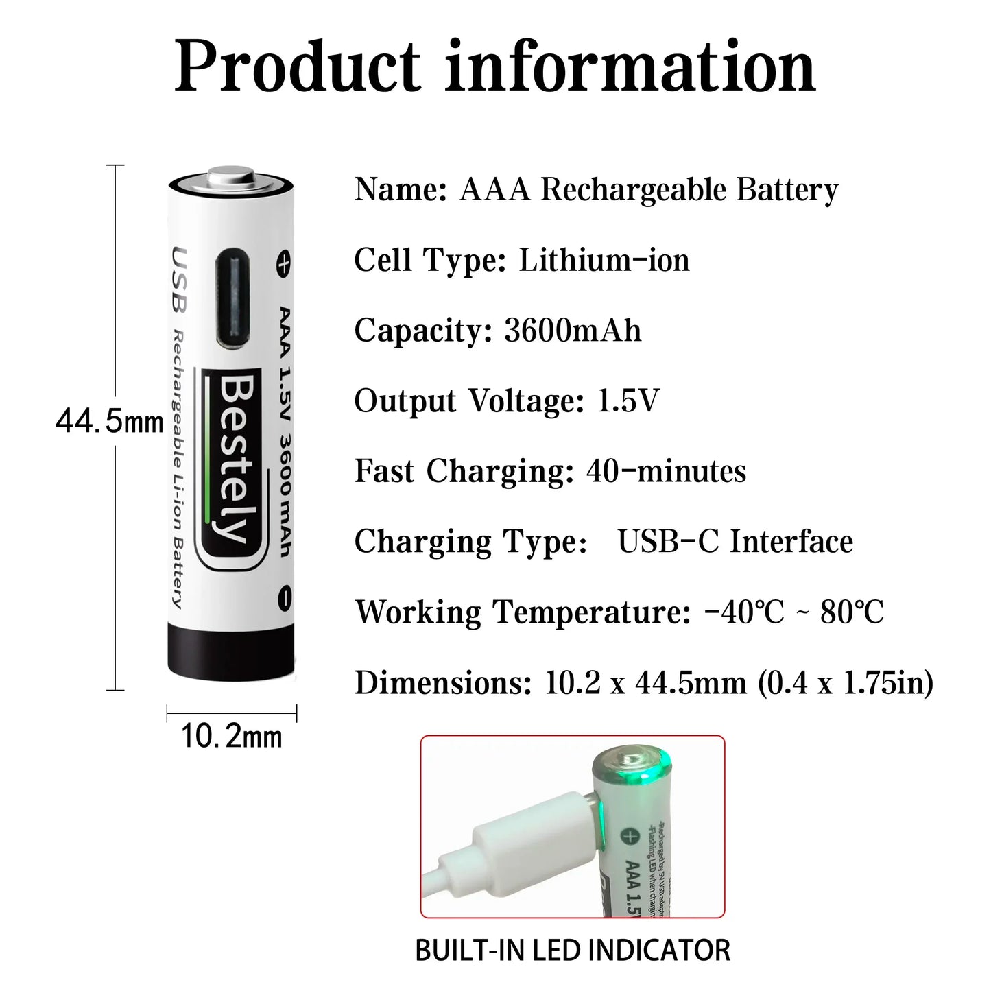 AAA Battery Rechargeable Li-Ion 1.5V 3600mAh 2000 Cycles USB-C Fast Charging Long-Lasting with free USB- C Cable Peaceful Pleasures Health and Wellness