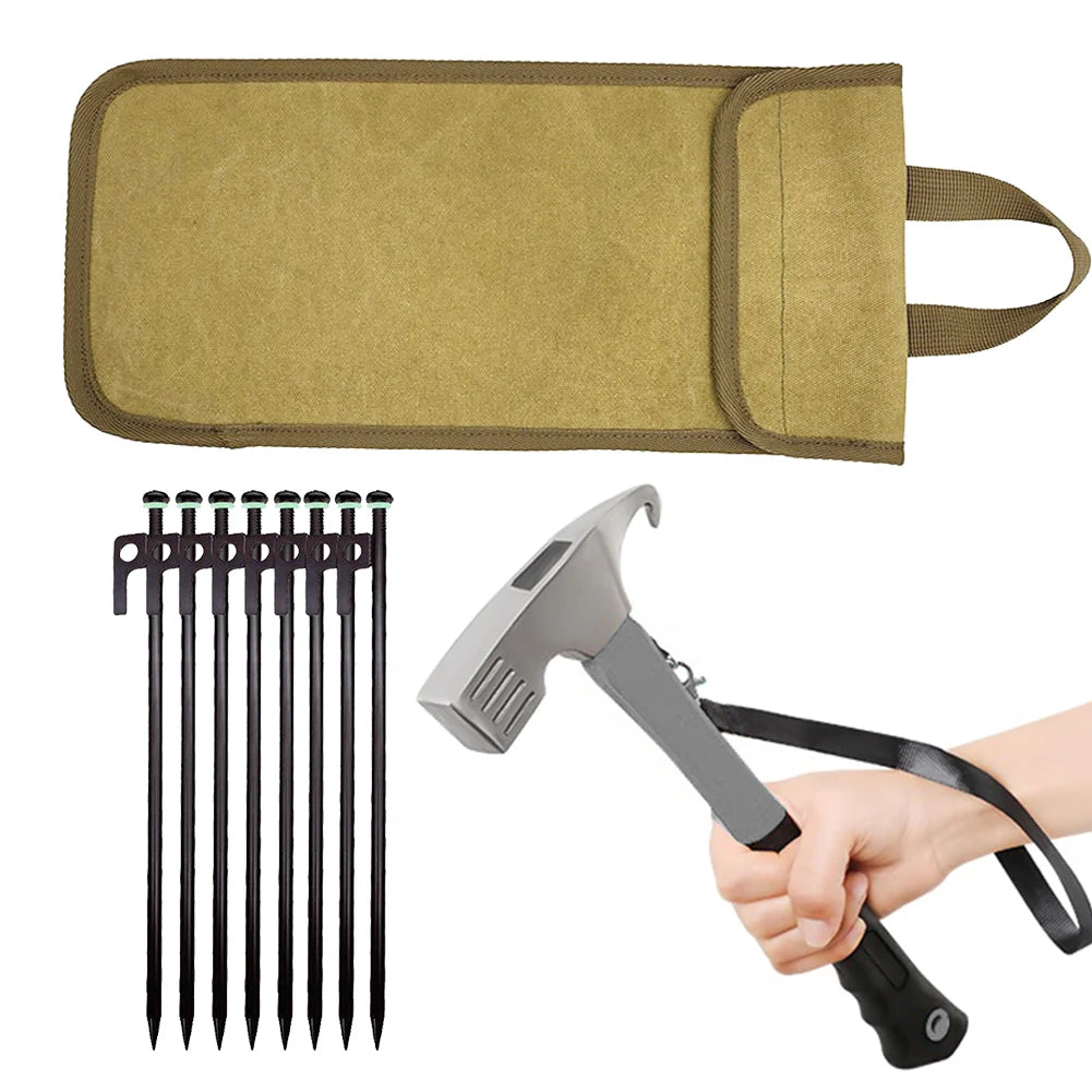 8-Piece Heavy Duty Forged Steel Tent Stakes with Hammer & Bag