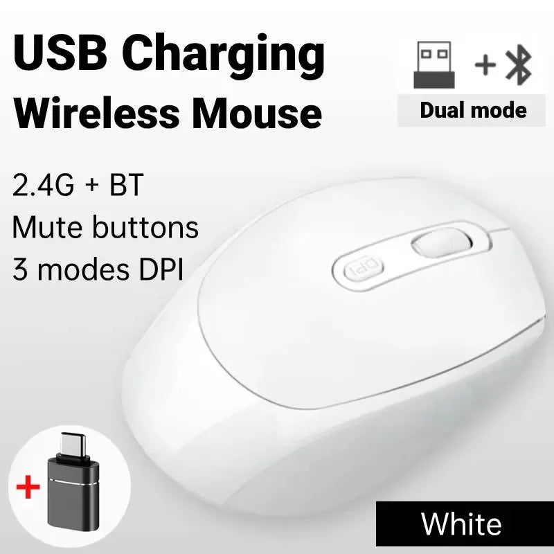Wireless Mouse Rechargeable Gamer Mouse Dual Modes Bluetooth-compatible 2.4G USB Mute Mice For Laptop Pad Tablet Macbook Mause Peaceful Pleasures Health and Wellness White with OTG