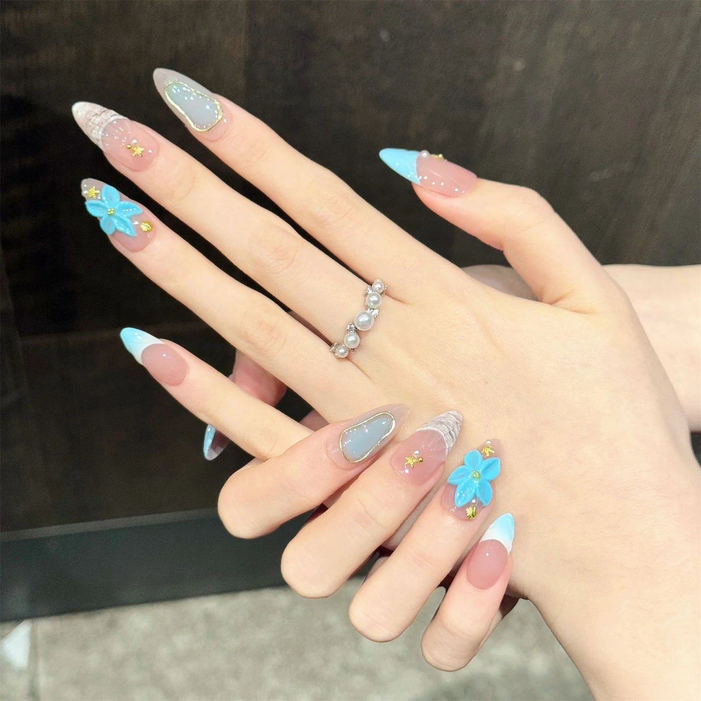 Handmade Press On Nails 10pcs Almond Ocean Style Fake Nails 3D Carved Flower Decor Wearable Fashion French False Nails For Women Peaceful Pleasures Health and Wellness M