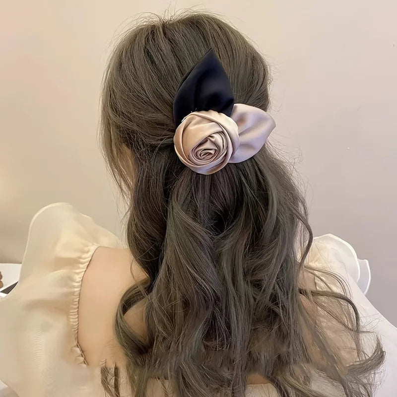 Satin Bow Hair Clip with Rose Design – Black & Beige Ponytail Holder Peaceful Pleasures Health and Wellness