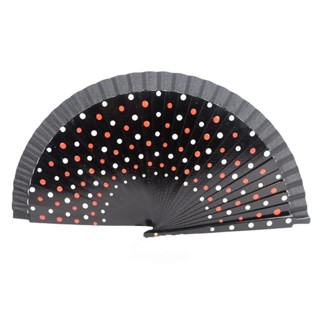 Flamenco Spanish Folding Fan – Dots Pattern Wood Handle 42cm