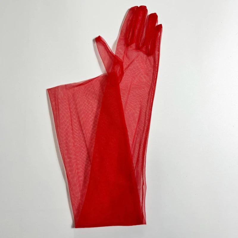 Women Ultra Tulle Gloves Mesh Sheers Full Finger Elbow Long Gloves Female Vintage Sunscreen Gloves Wedding Bride Dress Mittens Peaceful Pleasures Health and Wellness Red One Size