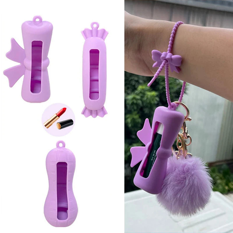 Bow Candy Peanut Shape Silicone Lipstick Cover Keychains Portable Solid Color Lipstick Storage Bag Light Weight Lip Balm Holder Peaceful Pleasures Health and Wellness