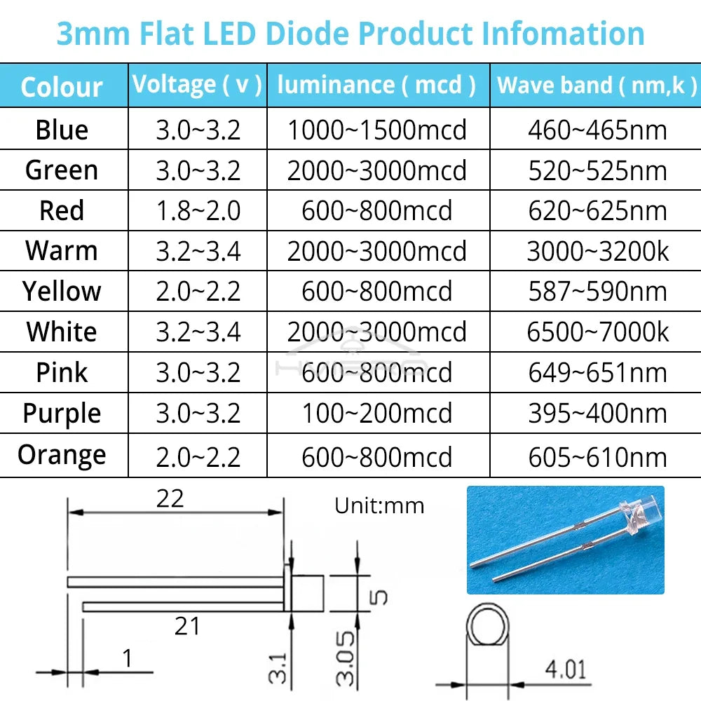 3mm Flat Top LED Diodes 100/200Pcs | Ultra Bright Wide Angle