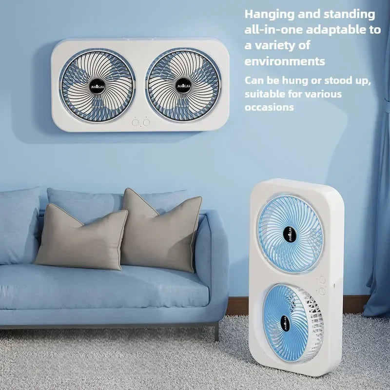 Dual Head USB Rechargeable Fan – Wall Mount, Desk & 3 Speeds