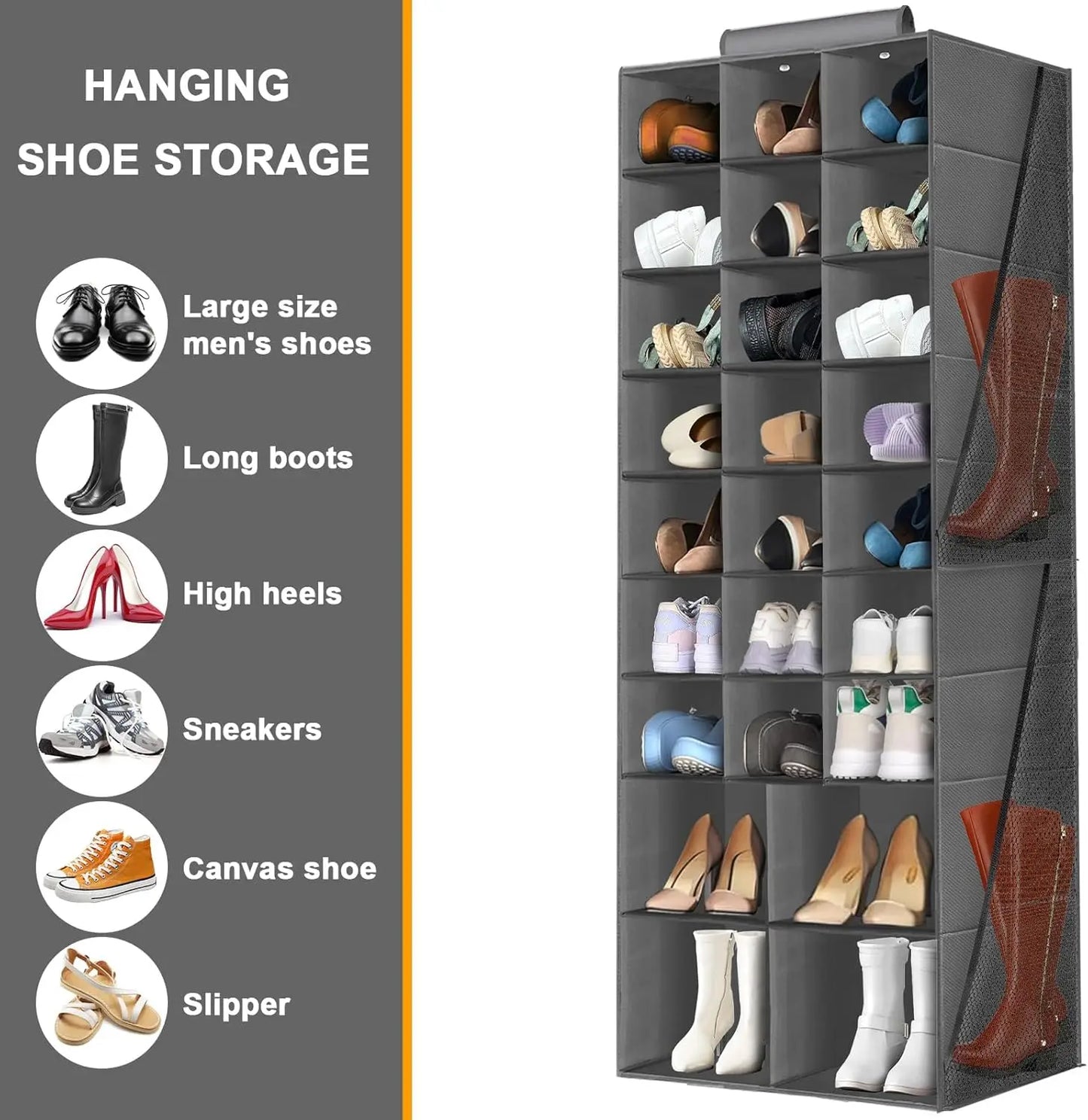 Hanging shoe storage organizer with various shoes displayed on a gray background