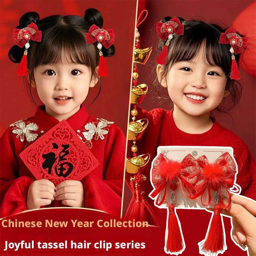 Festival Charming Hair Clips New Year Children Girls Chinese Style Red Ribbon Bow Hair Pin Festival Jewelry Hair Accessories Peaceful Pleasures Health and Wellness