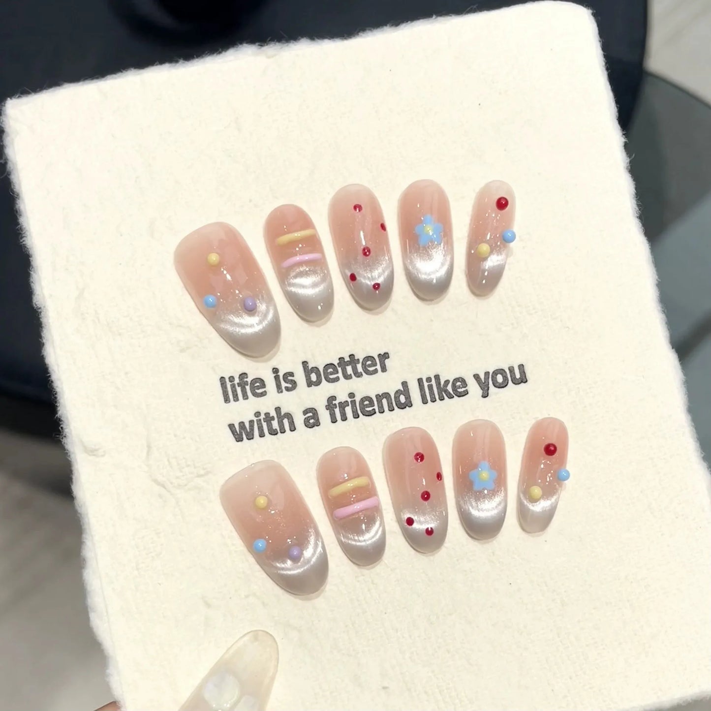Handmade Press-On Nails | Almond Cat's Eye French Tip 3D Art