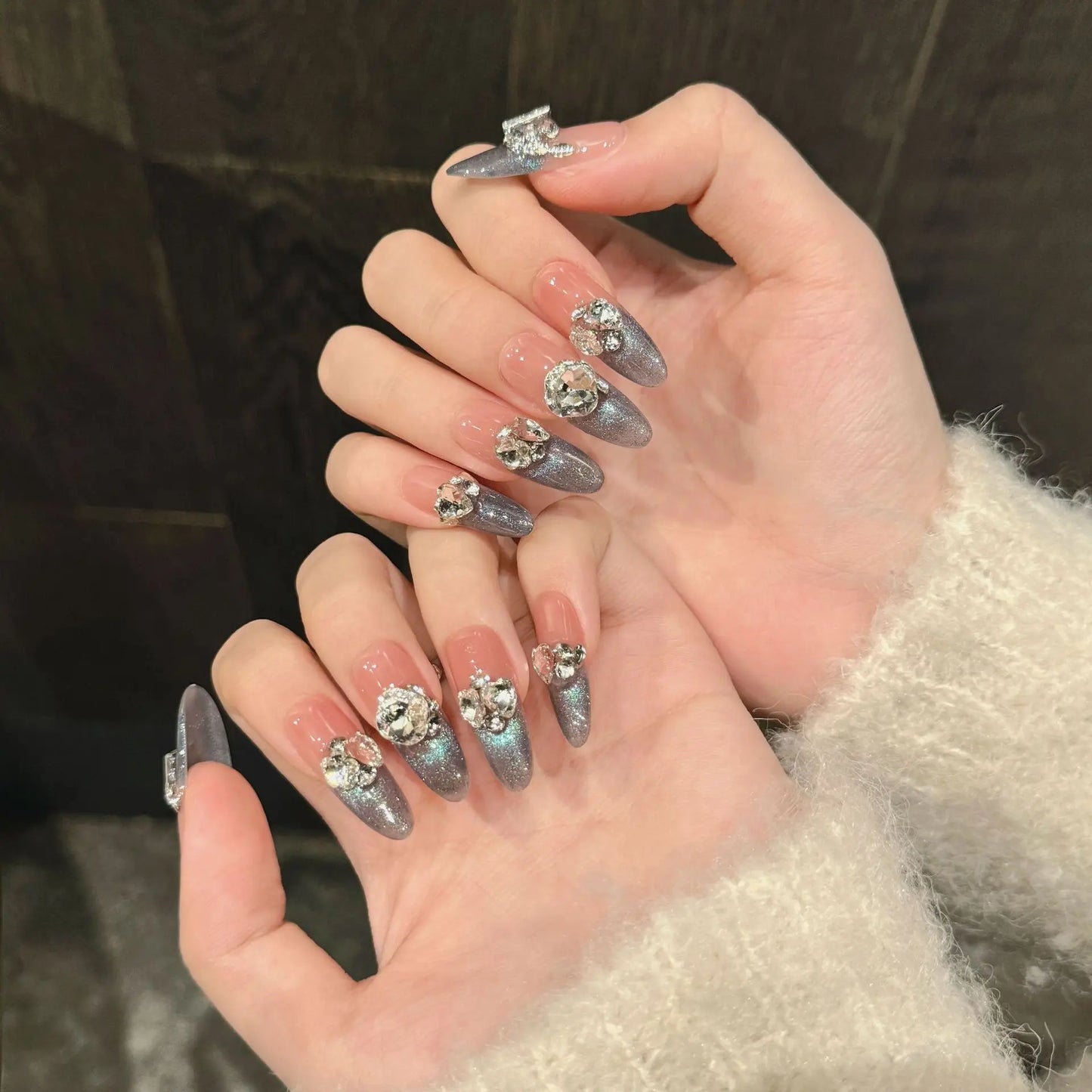 Handmade Press on Nails Shiny Blue Cat Eye French False Nail Tips Wearable Glitter Wedding Nail Art Long Oval Head Fake Nails Peaceful Pleasures Health and Wellness