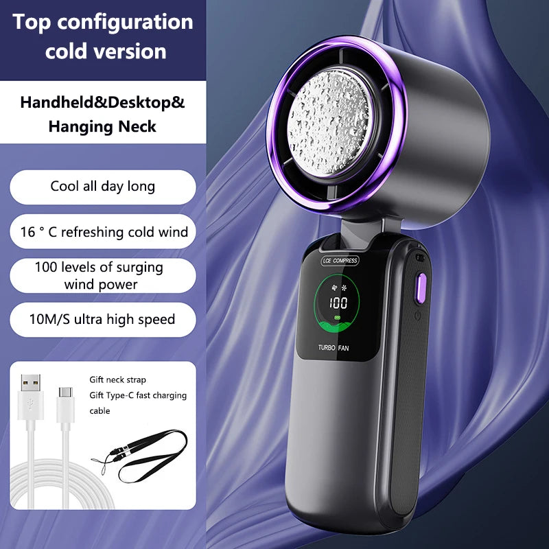 Portable Air Cooling Turbos Handheld Fan 100-Speed Adjustable Refrigeration Cooler 4000mAh LED Display USB Rechargeable Peaceful Pleasures Health and Wellness Gray
