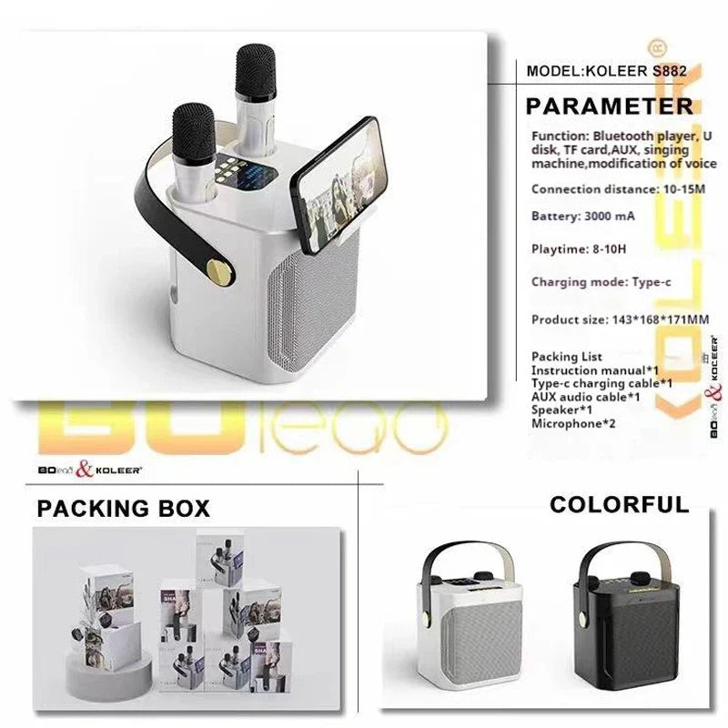 AyeBeau S882 Portable Karaoke Bluetooth Speaker + 2 Mics