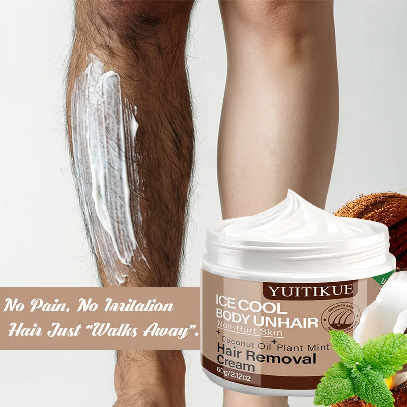 Yuitikue Ice Cool Hair Removal Cream, 60g Gentle Non-Hurt Body Hair Remover with Coconut Oil & Plant Mint, Unisex Peaceful Pleasures Health and Wellness