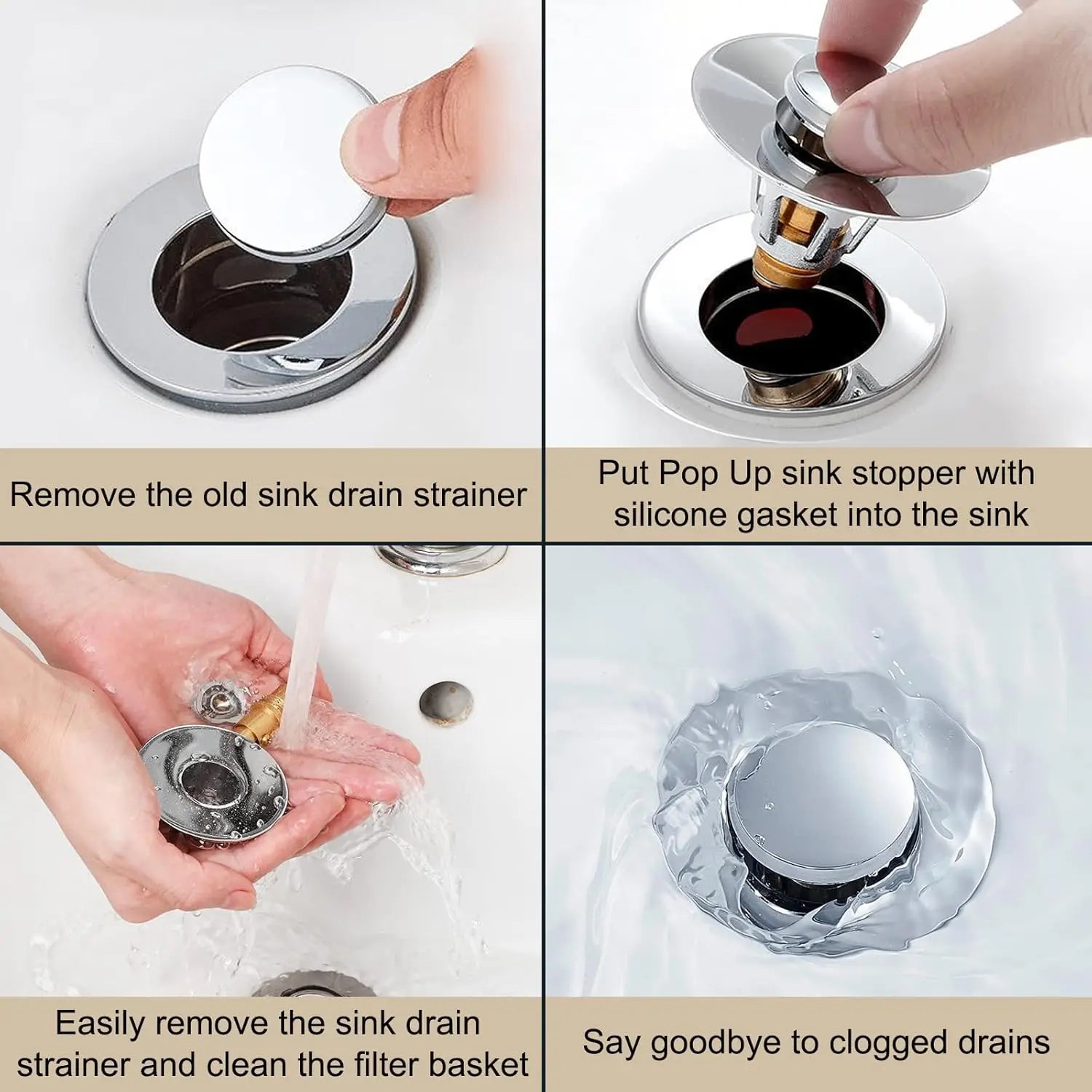 Bathroom Sink Stopper - for Standard Drain Holes, Pop Up Sink Strainer, Bullet Core Push Type Stainless Steel Plug Peaceful Pleasures Health and Wellness