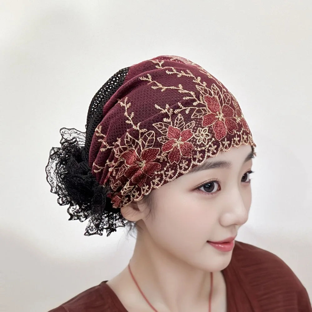 Flower Embroidery Turban Bonnet Hat – Elastic Lace Headscarf