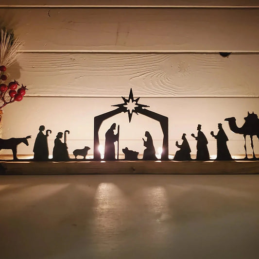 Nativity Scene Candle Holder – Metal & Wood Tabletop Decor Holiday Candle Holder Peaceful Pleasures Health and Wellness