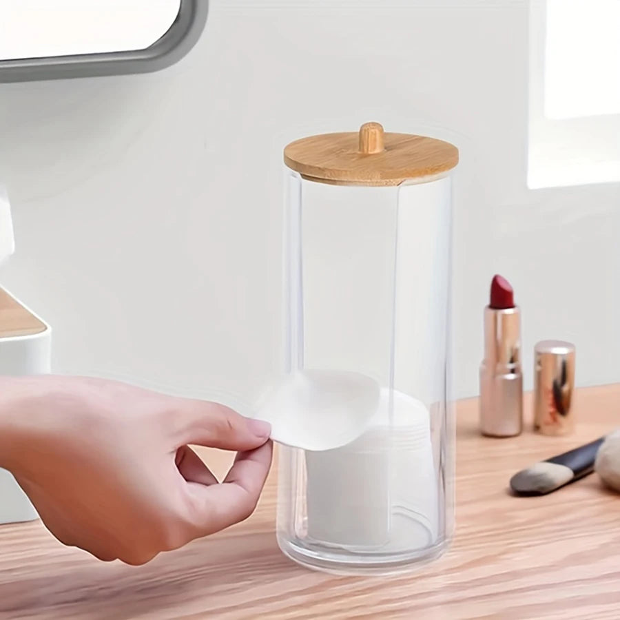 Acrylic Round Swab Dispenser with Lid – 2-Pack Clear Makeup Organizer for Bathroom Storage