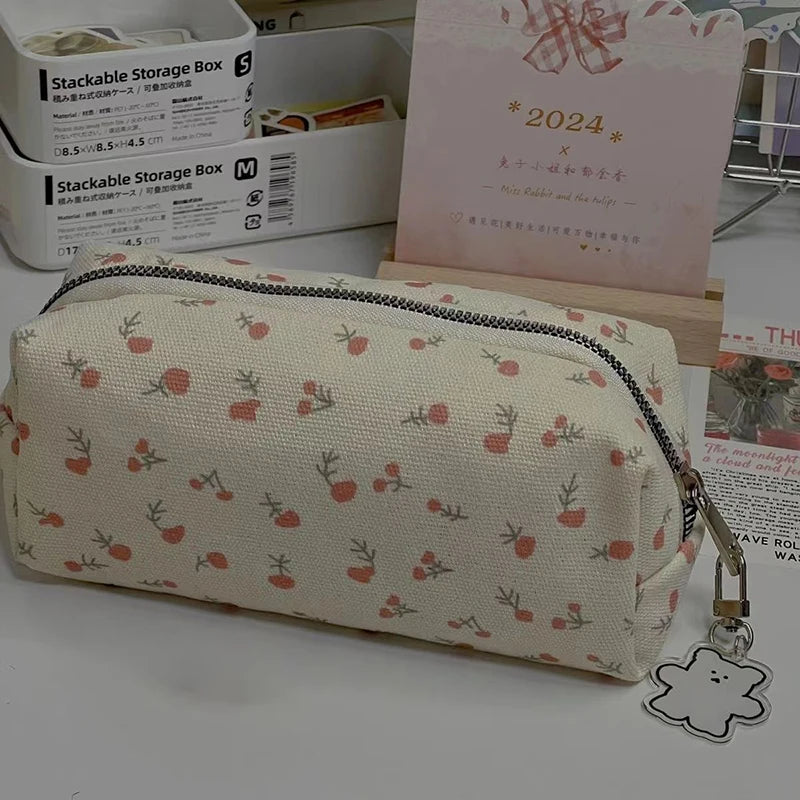 Floral Canvas Pencil Case – Large Capacity Bag for Girls