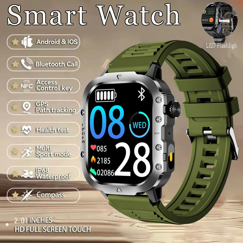 Military Smart Watch Men's Outdoor Sports Waterproof Watch 2.01" HD Touch Screen Voice Bluetooth Call GPS Tracking Smartwatch Peaceful Pleasures Health and Wellness Green