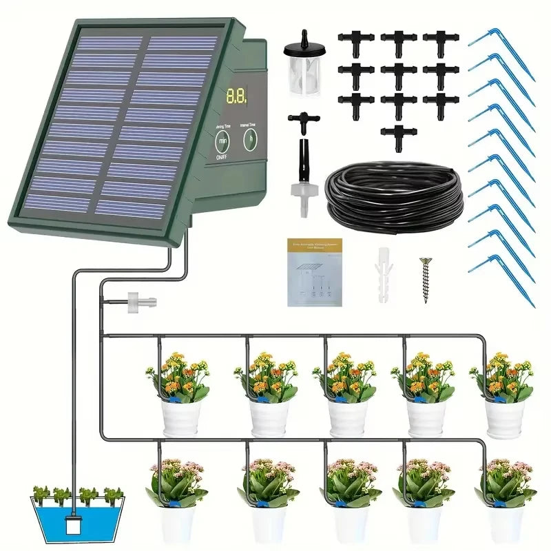 Solar Automatic Drip Garden Irrigation System Kit with Watering Timer Water Level Alarm for Outdoor Potted Plants Easy DIY Peaceful Pleasures Health and Wellness