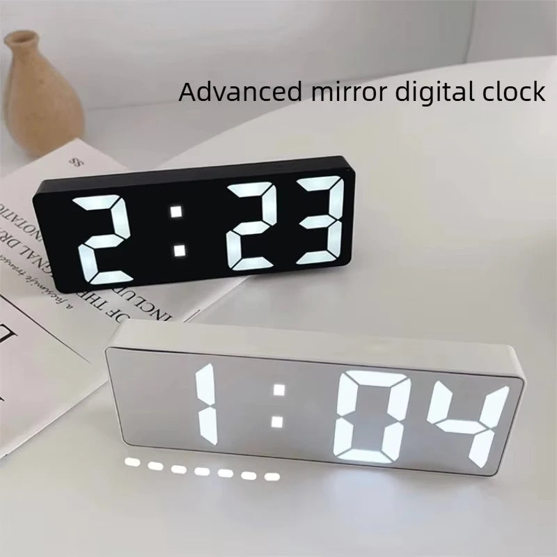 LED Mirror Digital Alarm Clock Silent Luminous Electronic Desktop Bedside Clock Student Ornament Black White Peaceful Pleasures Health and Wellness