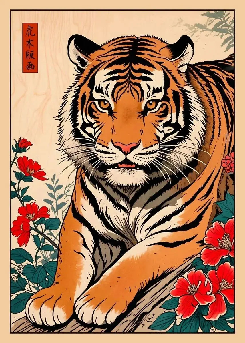 Japanese Animal Canvas Print | Vintage Tiger Fox Deer Retro Poster